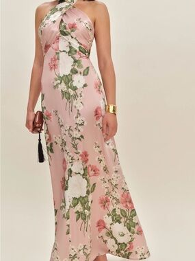 Reformation Silk Pink Floral Halter Maxi Dress